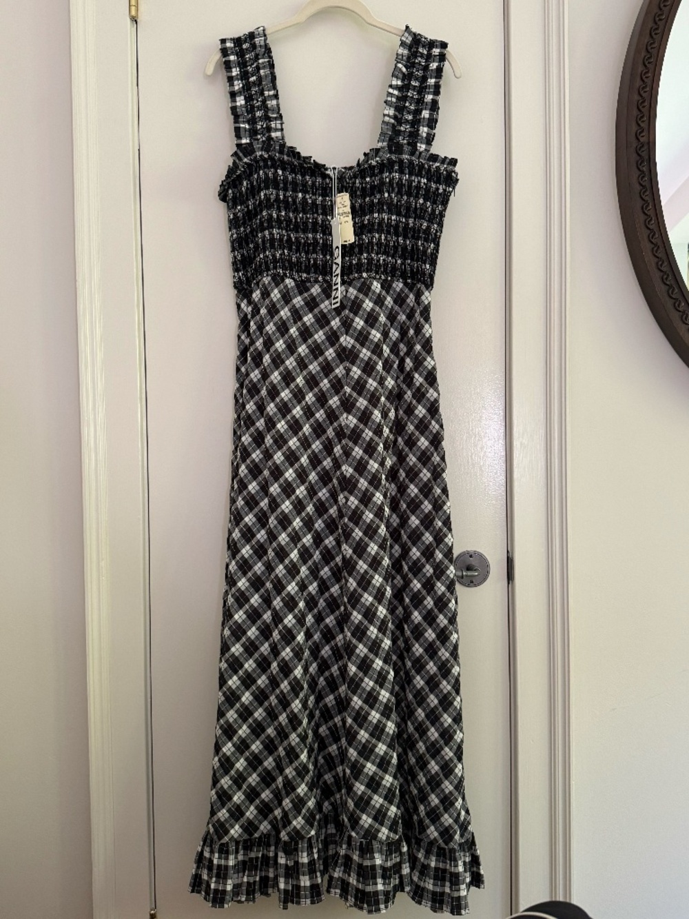 NWT Ganni Black and White Plaid Smocked Maxi Dress size 8
